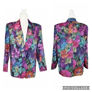 Vintage 70s 80s Alfred Dunner Floral Print Blazer Colorful Lapel Women Size 12P